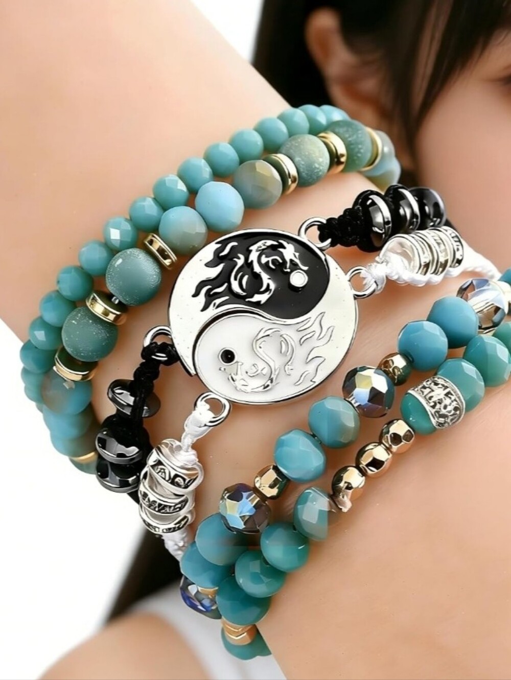 Turquoise Beaded Yin Yang Charm Bracelet Set